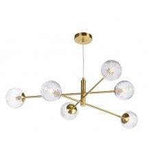 6 Light Pendant Aged Brass Fitting with Ribbed Glass Shades