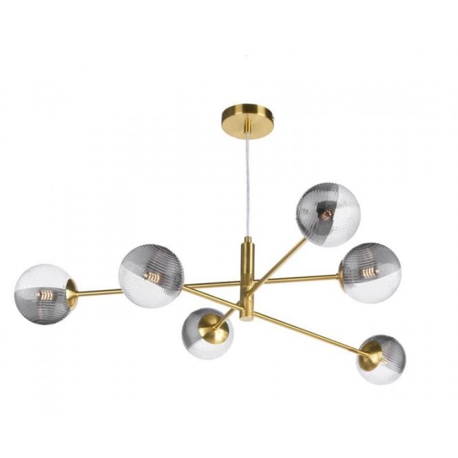 VIGNETTE 6 Light Pendant Aged Brass Fitting with Smoked and Clear Ribbed Glass Shades