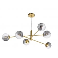6 Light Pendant Aged Brass Fitting with Smoked and Clear Ribbed Glass Shades