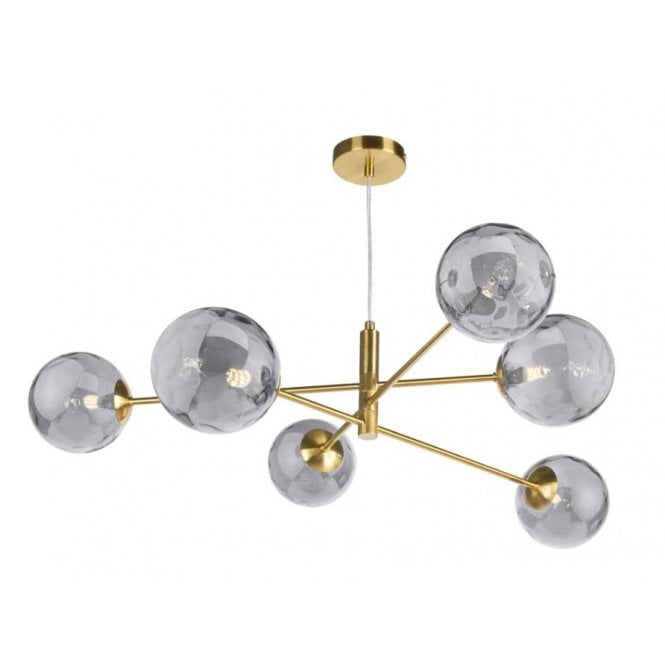 VIGNETTE 6 Light Pendant Aged Brass Fitting with Smoked Dimpled Glass Shades