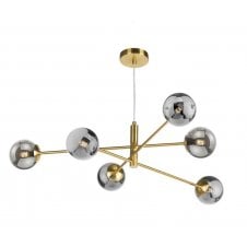 6 Light Pendant Aged Brass Fitting with Smoked Glass Shades