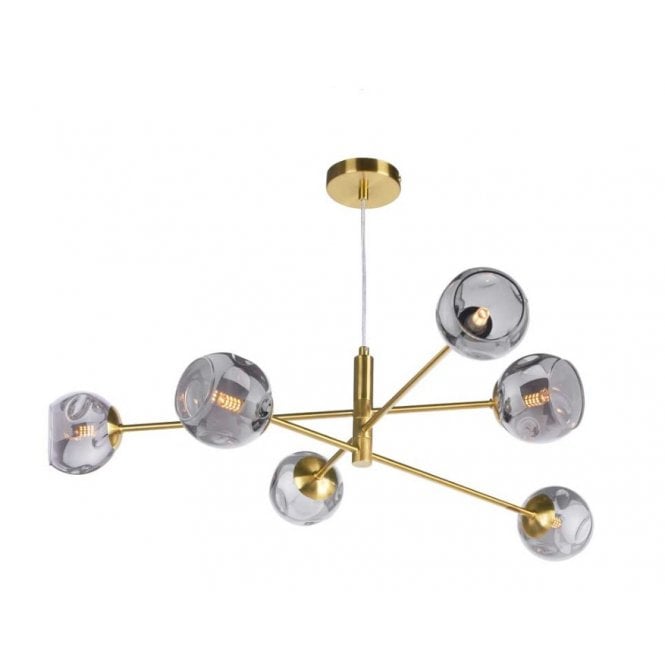 VIGNETTE 6 Light Pendant Aged Brass Fitting with Smoked Organic Glass