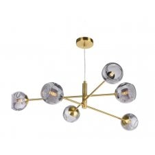 6 Light Pendant Aged Brass Fitting with Smoked Organic Glass