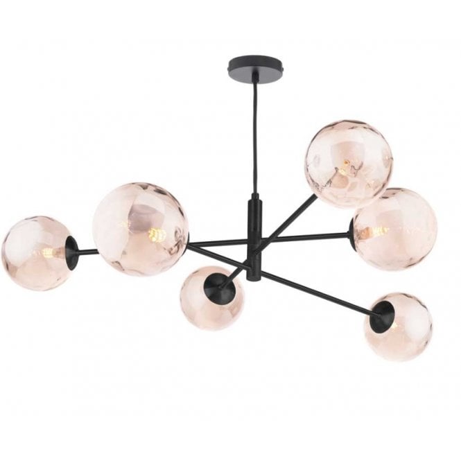 VIGNETTE 6 Light Pendant Matt Black Fitting with Champagne Dimpled Glass Shades
