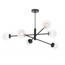 6 Light Pendant Matt Black Fitting with Clear and Opal Glass