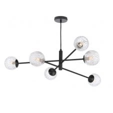 6 Light Pendant Matt Black Fitting with Clear Class and Inner Wire Detail