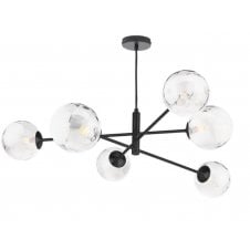6 Light Pendant Matt Black Fitting with Clear Dimpled Glass Shades