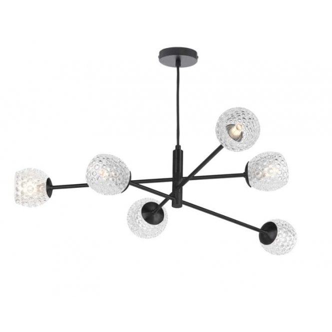 VIGNETTE 6 Light Pendant Matt Black Fitting with Dimple Glass Open Shades