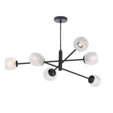6 Light Pendant Matt Black Fitting with Dimple Glass Open Shades