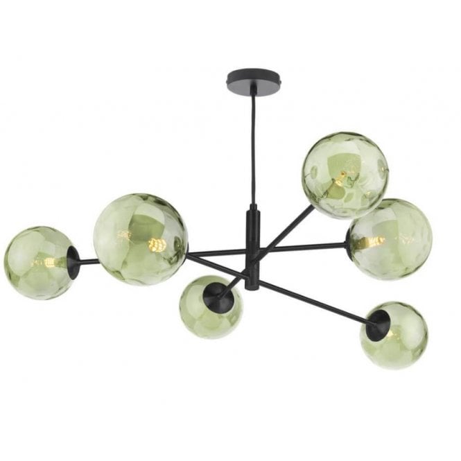 VIGNETTE 6 Light Pendant Matt Black Fitting with Green Dimpled Glass Shades