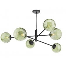 6 Light Pendant Matt Black Fitting with Green Dimpled Glass Shades