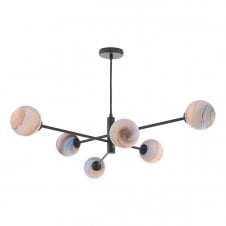 6 Light Pendant Matt Black Fitting with Large Planet Glass Globe Shades