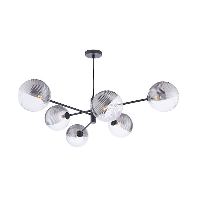 VIGNETTE 6 Light Pendant Matt Black Fitting with Large Smoked and Clear Ribbed Glass Shades