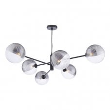 6 Light Pendant Matt Black Fitting with Large Smoked and Clear Ribbed Glass Shades