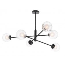 6 Light Pendant Matt Black Fitting with Opal and Clear Ribbed Glass Shades