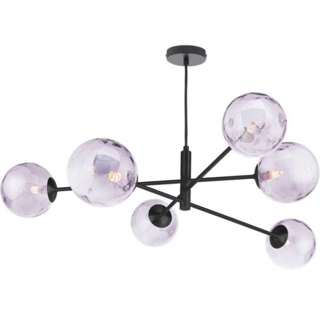 VIGNETTE 6 Light Pendant Matt Black Fitting with Pink Dimpled Glass Shades