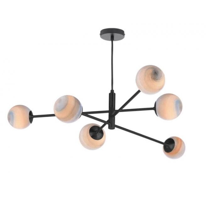 VIGNETTE 6 Light Pendant Matt Black Fitting with Planet Glass Globe Shades