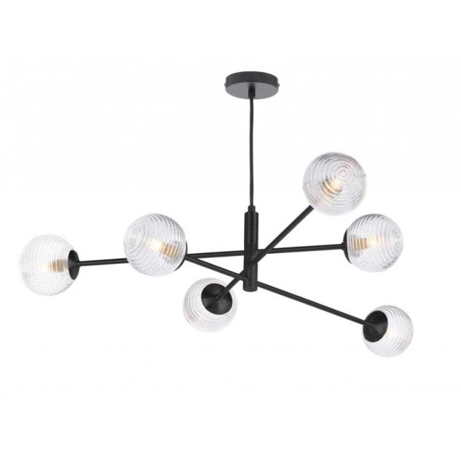 VIGNETTE 6 Light Pendant Matt Black Fitting with Ribbed Glass Shades