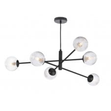 6 Light Pendant Matt Black Fitting with Ribbed Glass Shades