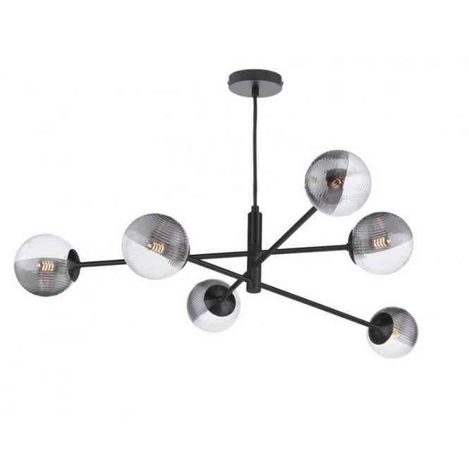 VIGNETTE 6 Light Pendant Matt Black Fitting with Smoked and Clear Ribbed Glass Shades