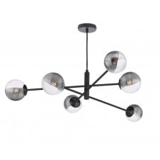 6 Light Pendant Matt Black Fitting with Smoked and Clear Ribbed Glass Shades