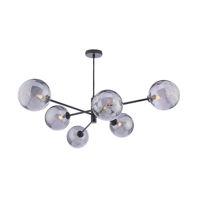 VIGNETTE 6 Light Pendant Matt Black Fitting with Smoked Dimpled Glass Shades