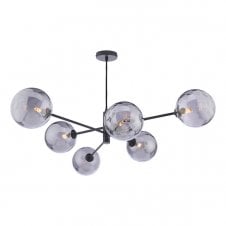 6 Light Pendant Matt Black Fitting with Smoked Dimpled Glass Shades
