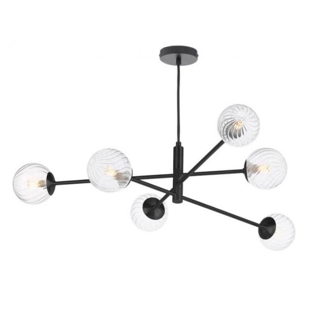 VIGNETTE 6 Light Pendant Matt Black Fitting with Twisted Style Glass Shades