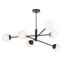 6 Light Pendant Matt Black Fitting with White Confetti Glass Shades
