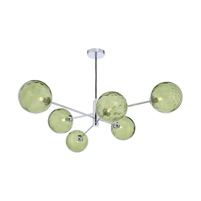 VIGNETTE 6 Light Pendant Polished Chrome Fitting with Green Dimpled Glass Shades