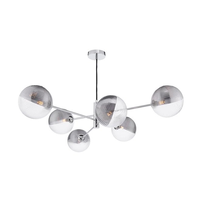 VIGNETTE 6 Light Pendant Polished Chrome Fitting with Large Smoked and Clear Ribbed Glass Shades