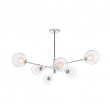 VIGNETTE 6 Light Pendant Polished Chrome Fitting with Opal and Clear Ribbed Glass Shades