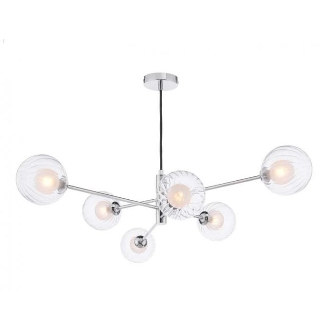 VIGNETTE 6 Light Pendant Polished Chrome Fitting with Opal and Clear Ribbed Glass Shades