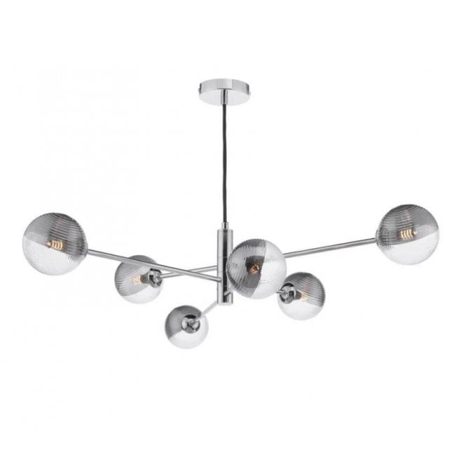 VIGNETTE 6 Light Pendant Polished Chrome Fitting with Smoked and Clear Ribbed Glass Shades