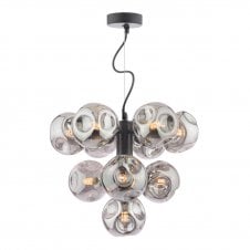a modern, statement, cluster pendant light in matt black with 10 organic smoked glass shades 