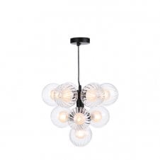 VINE 10 Light Pendant | Satin Black With Opal & Clear Ribbed Glass