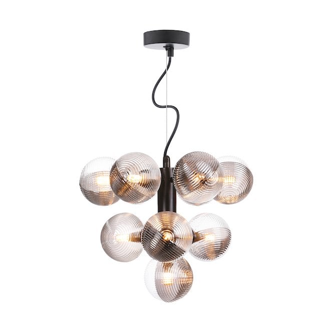 VINE 10 Light Pendant | Satin Black With Smoked & Clear Ribbed Glass (10cm)