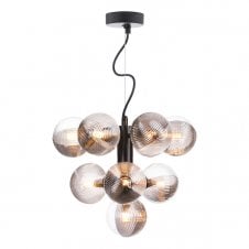 VINE 10 Light Pendant | Satin Black With Smoked & Clear Ribbed Glass