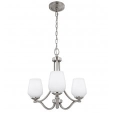 Compact 3 Light nickel chandelier with opal glass shades
