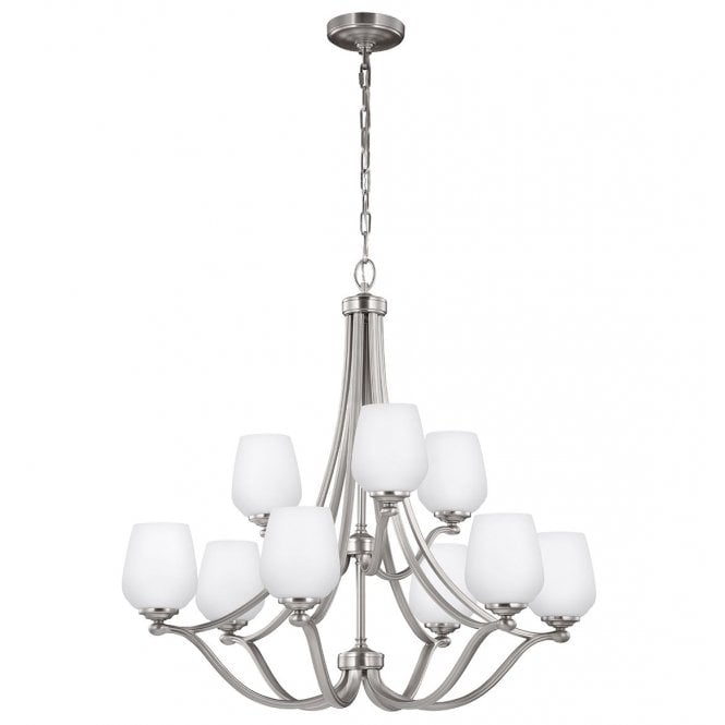 VINTNER 9 Light Chandelier in satin nickel with opal glass shades