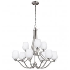 Large unfussy chandelier 9 light with white opal shades