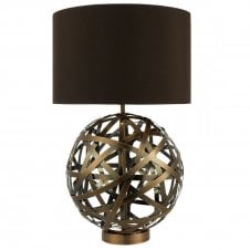 VOYAGE antique copper woven globe table lamp with faux silk brown shade