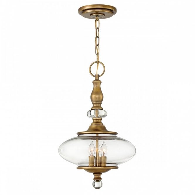 WEXLEY 3 light pendant in heritage brass with glass surround