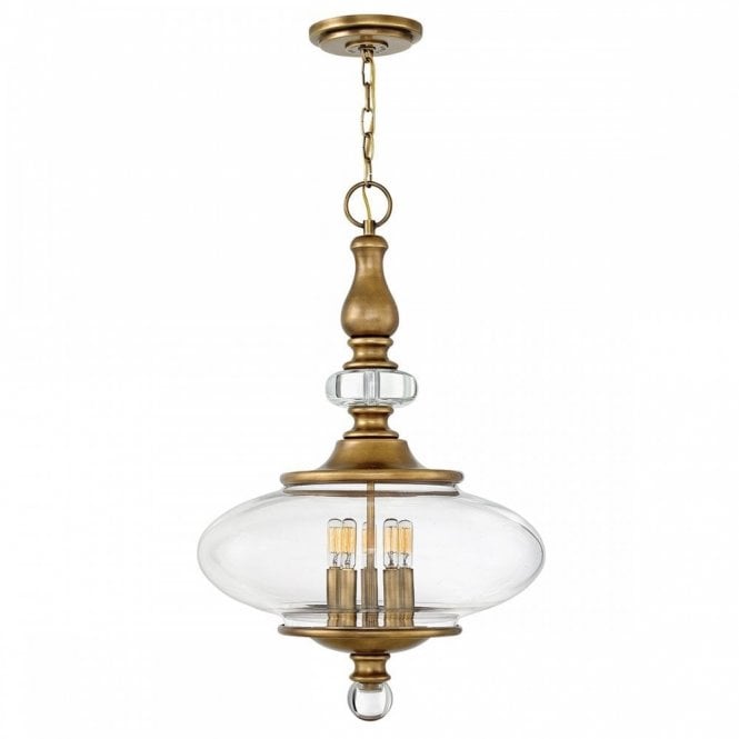 WEXLEY 5 light pendant in heritage brass with glass surround