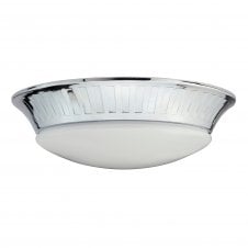 flush bathroom ceiling light with opal glass shade and tapered chrome surround