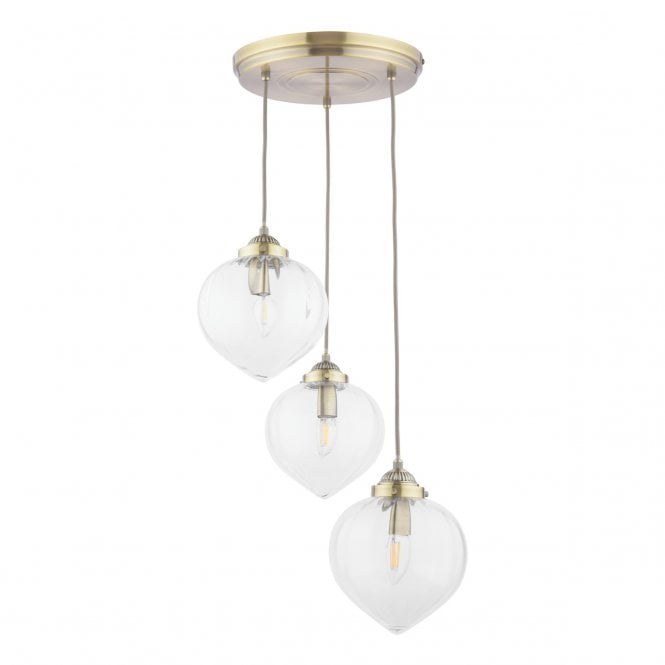 Whitham 3 Light Cluster Pendant in Antique Brass and Glass