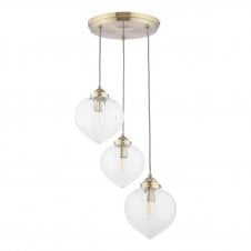 3 light cluster pendant with fluted glass shades, twisted gold cables and antique brass finish