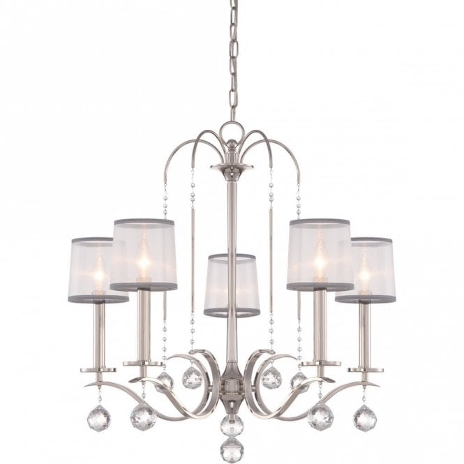 WHITNEY 5 light chandelier in imperial silver with organza shades