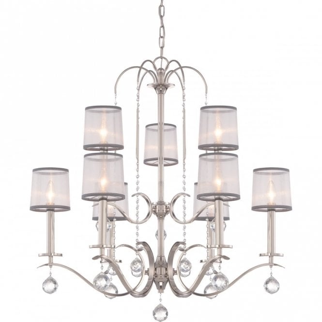 WHITNEY 9 light two tier chandelier in imperial silver with organza shades