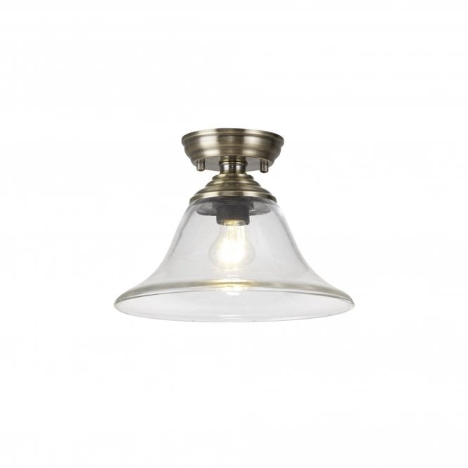 WINSLET 1 Light Flush Ceiling | Antique Brass & Clear Glass Shade (30cm)